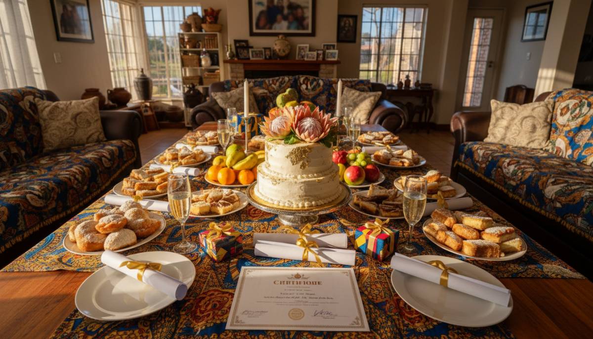 Exam results celebration table with certificates and cake