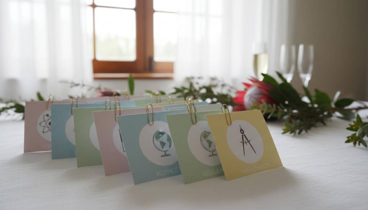 Printed subject cards used as exam results decor
