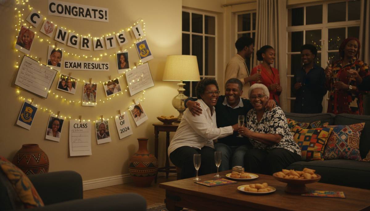 Family celebrating at a DIY exam results photo wall