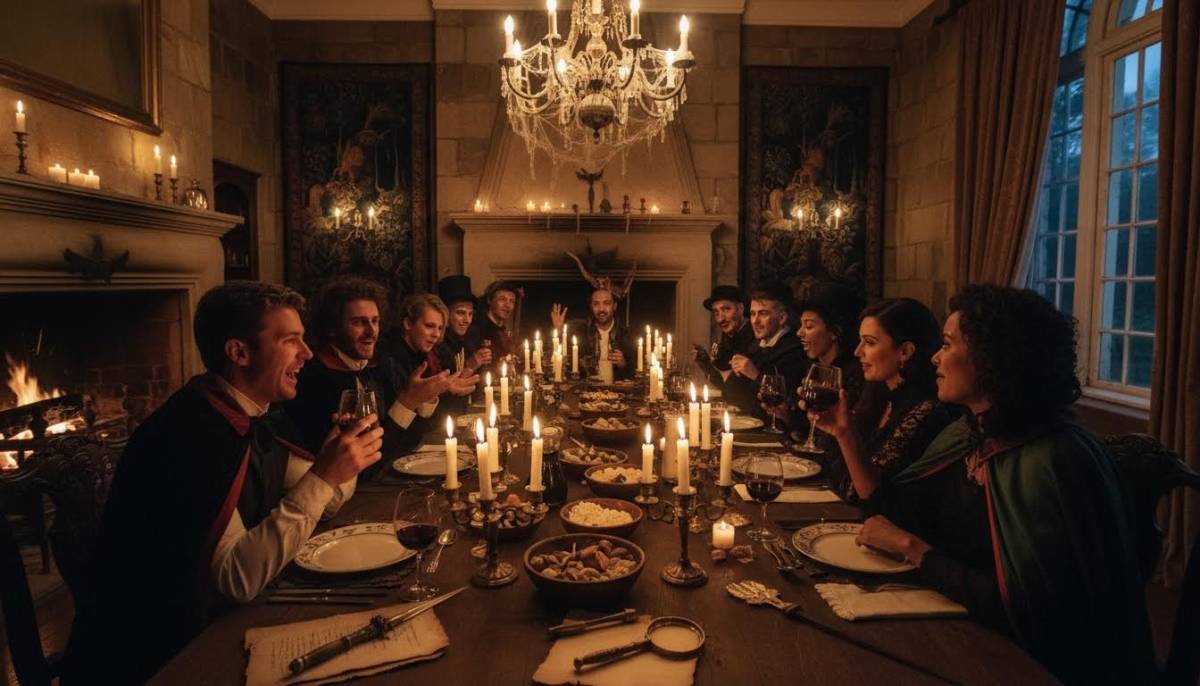 Guests at an old house Halloween dinner
