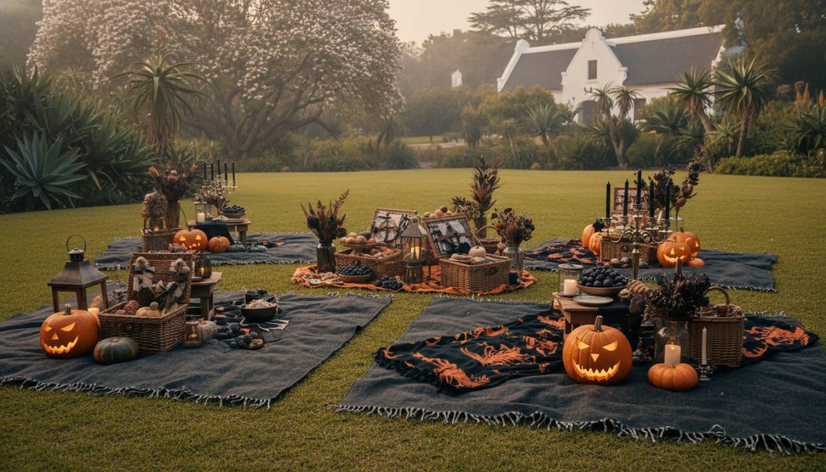 Halloween picnic setup in a botanical garden