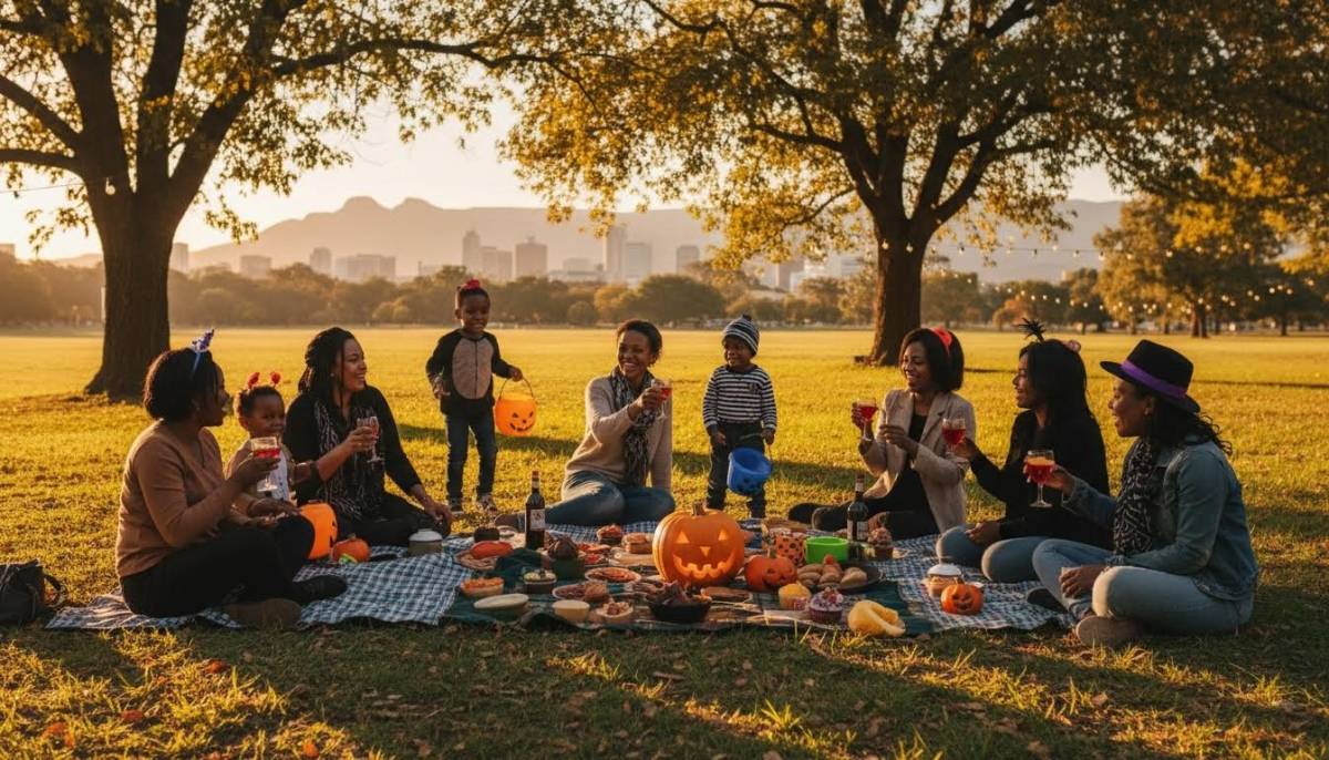 Families at an eco-friendly Halloween picnic