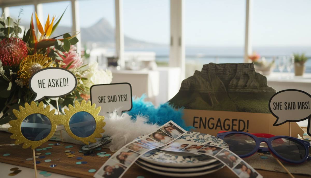 Printed photo strips and props on a table