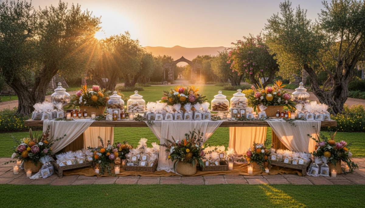Engagement favour table in warm sunset light
