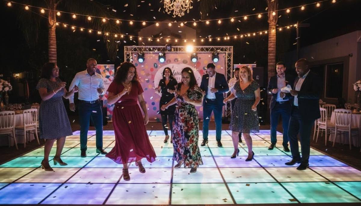 Adults dancing on an LED dance floor