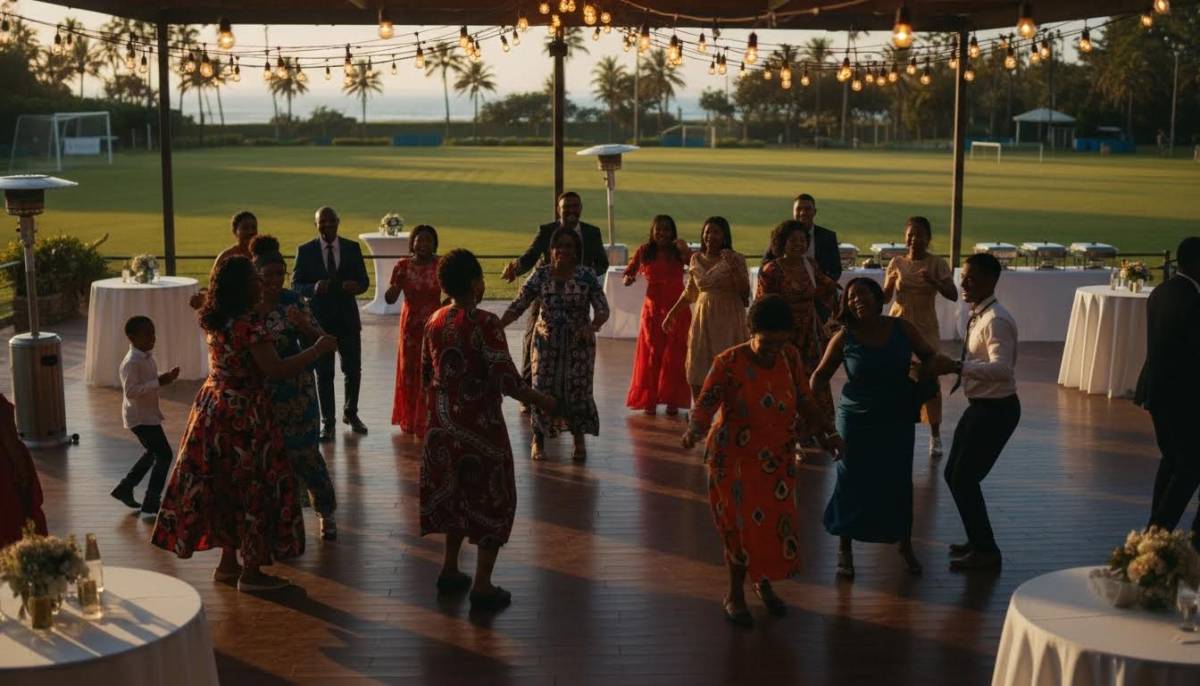 Family dancing on a hired dance floor at night