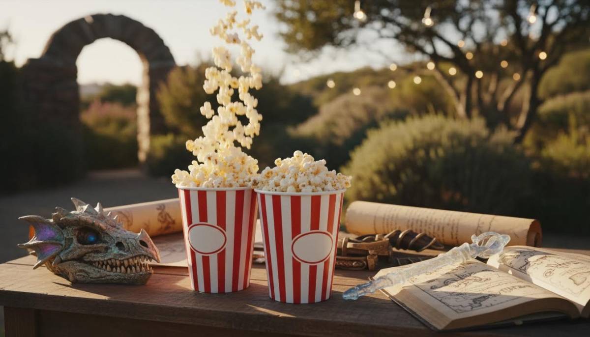 Popcorn tubs on a themed movie table