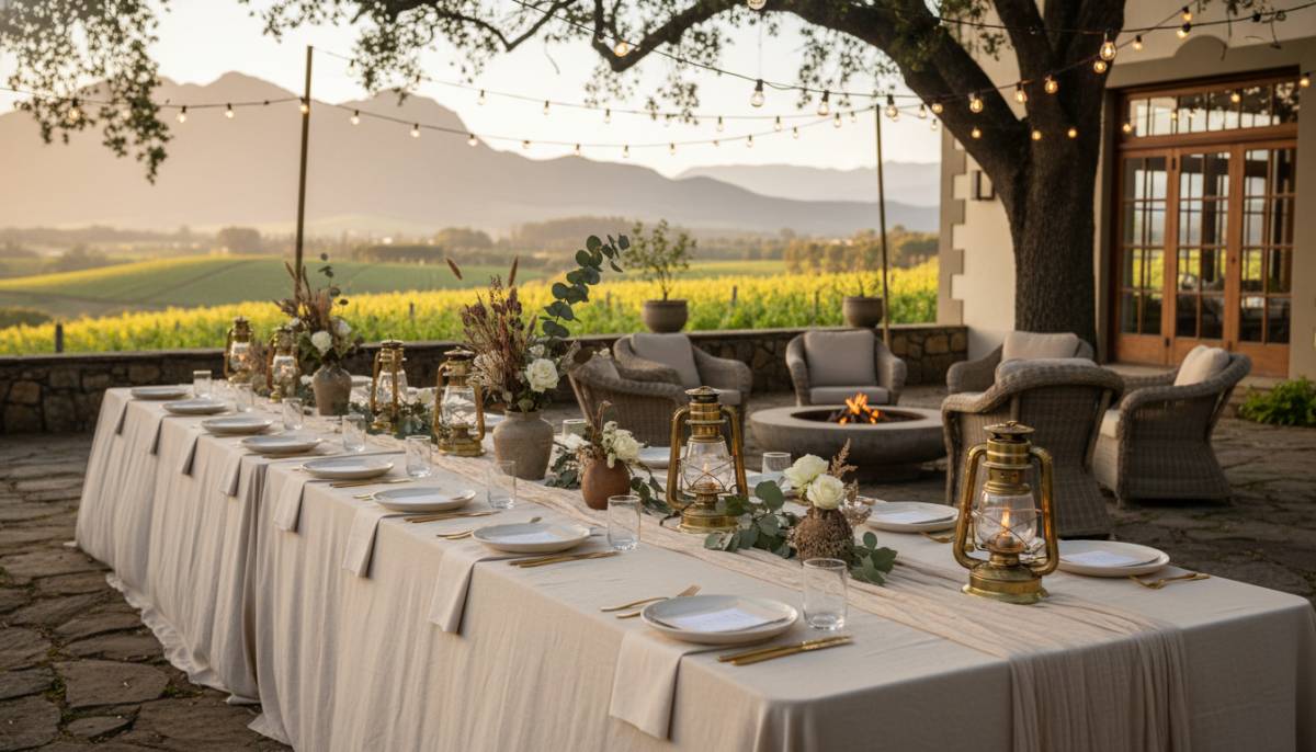 Styled dinner table with cream linen and brass lamps