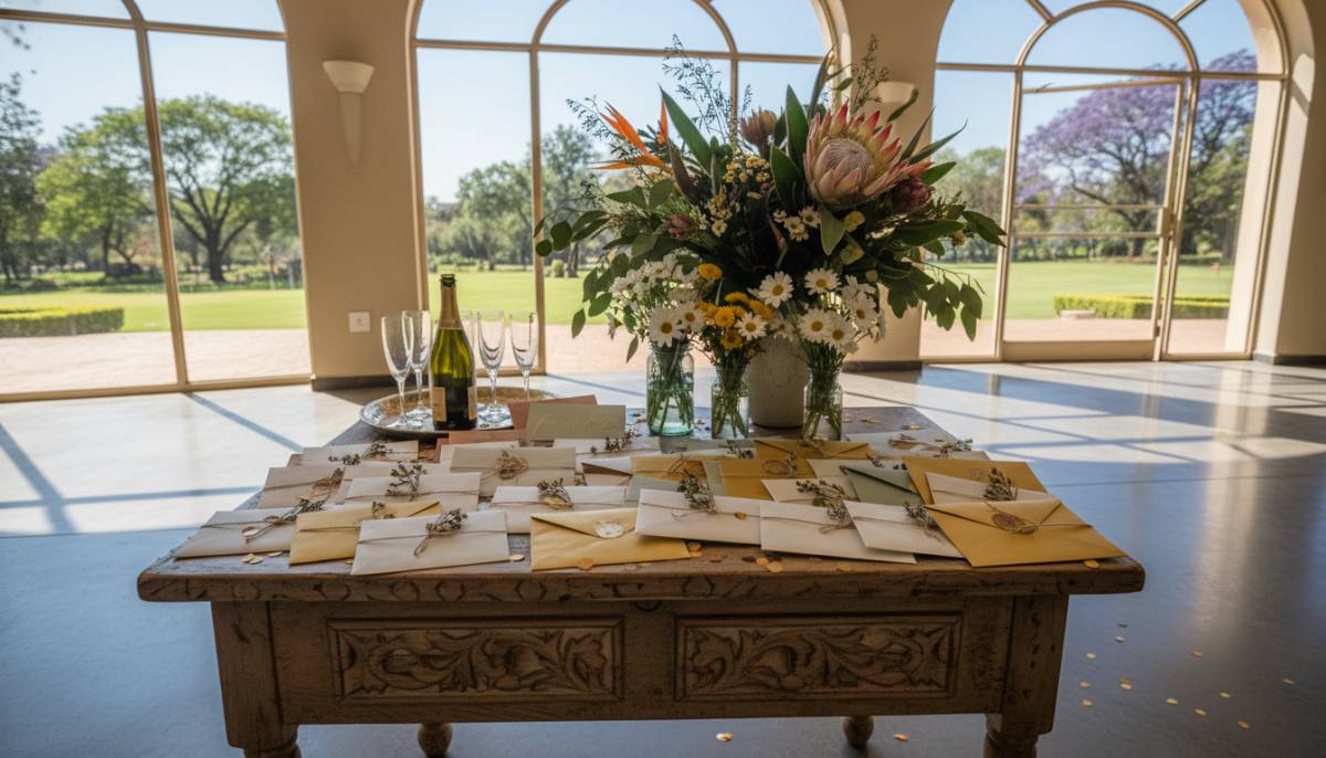 Gift envelopes and flowers on a side table