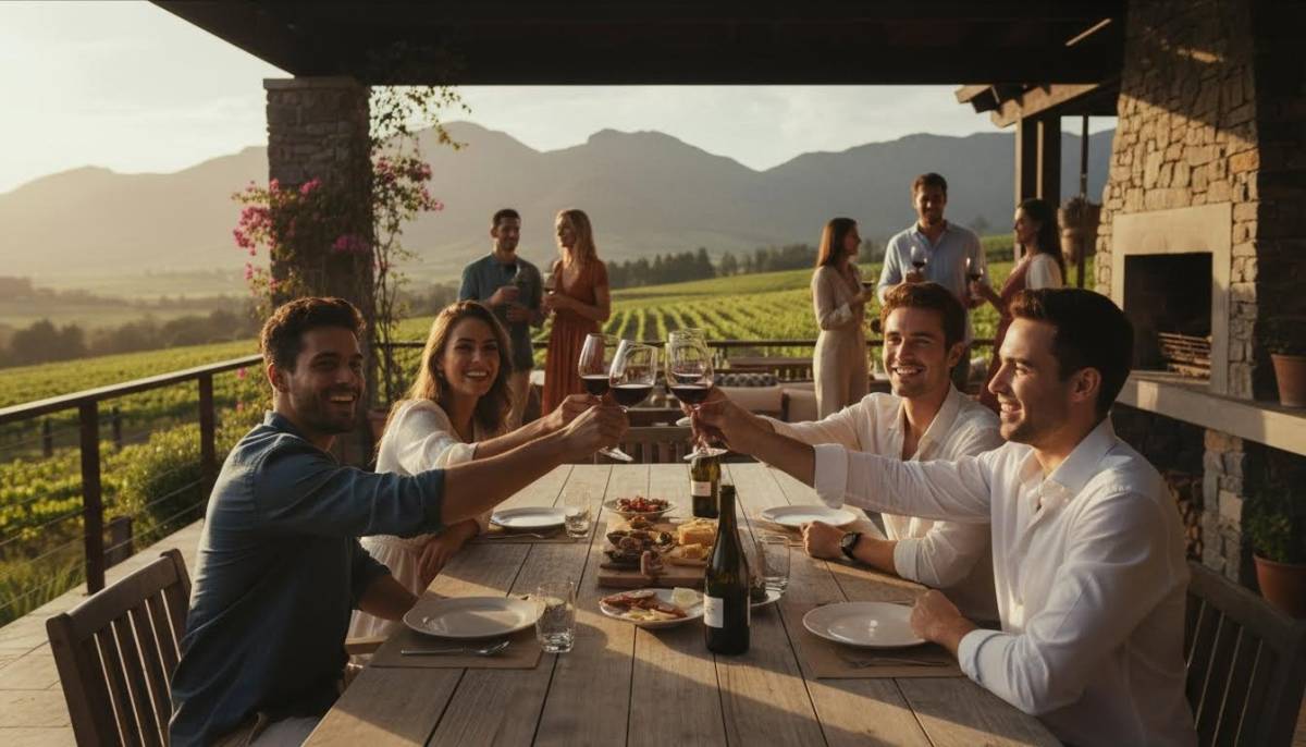 Young adults raising glasses at a patio celebration