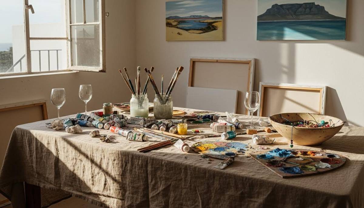 Paint supplies on a linen-covered table