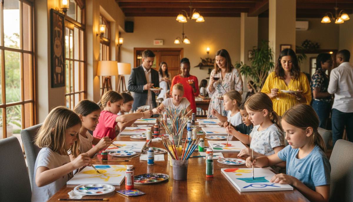 Young guests painting at a long table