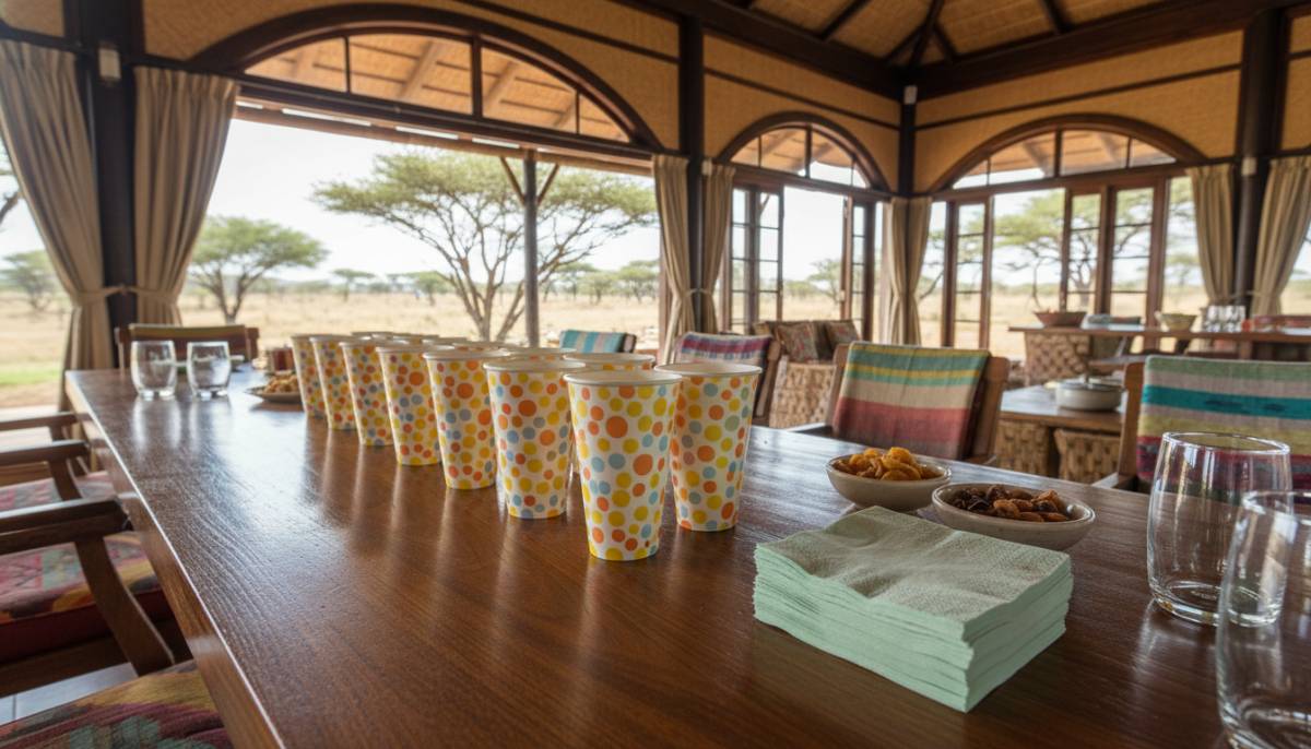 Popcorn cups beside pastel napkins
