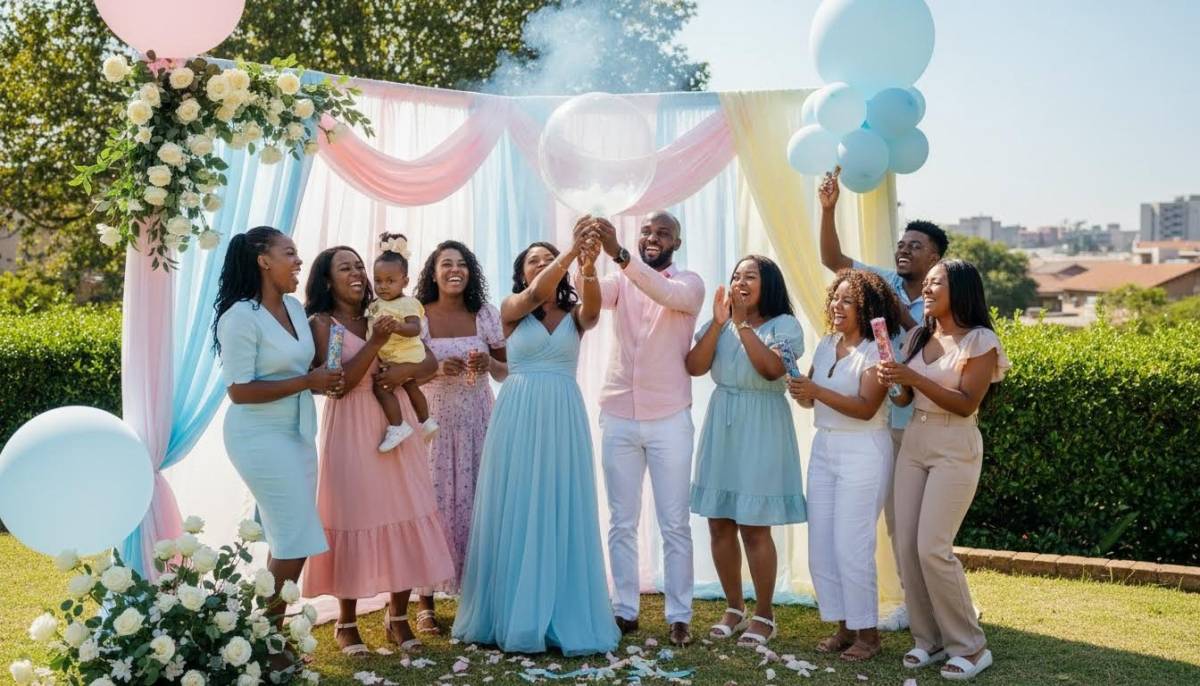 Guests posing at a gender reveal photo corner