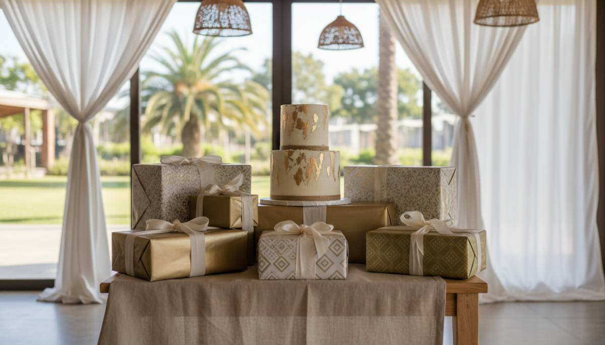Neutral reveal cake table with wrapped boxes