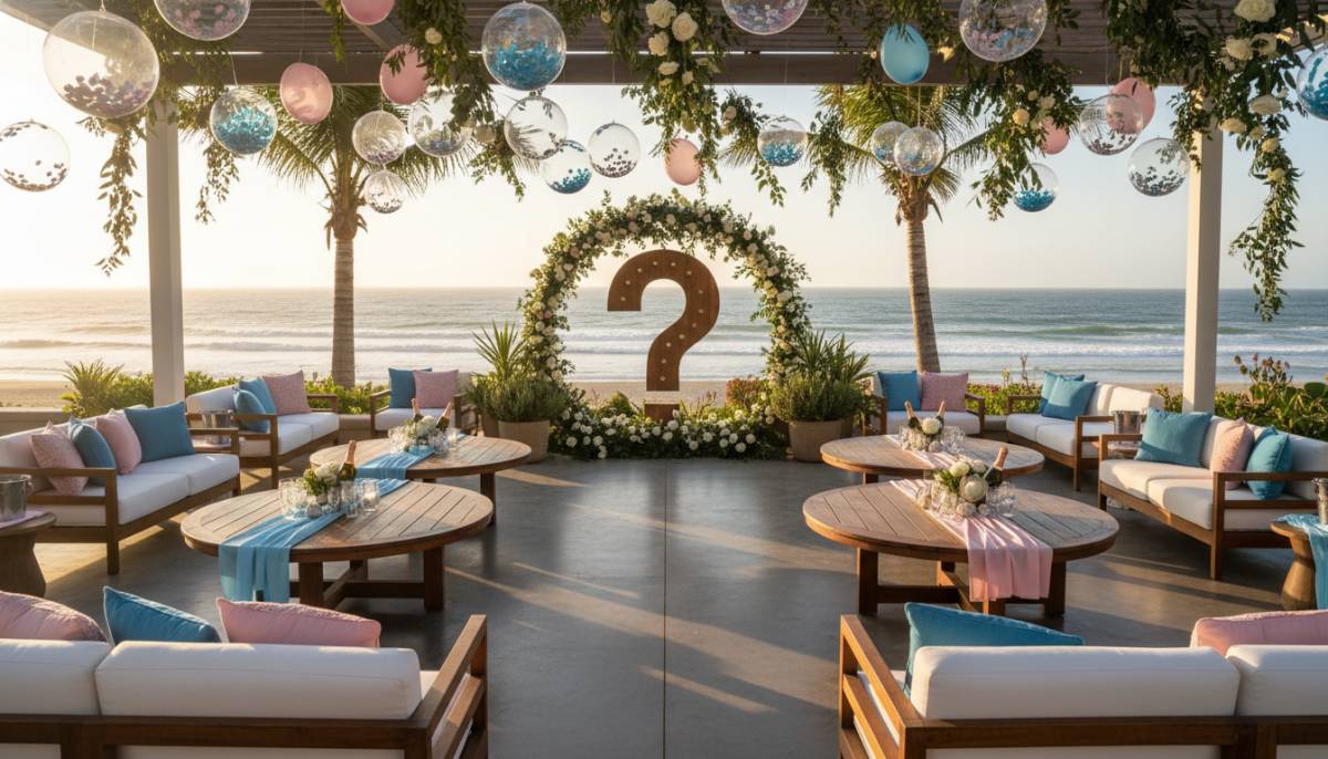 Outdoor patio setup with lounge seating for a gender reveal