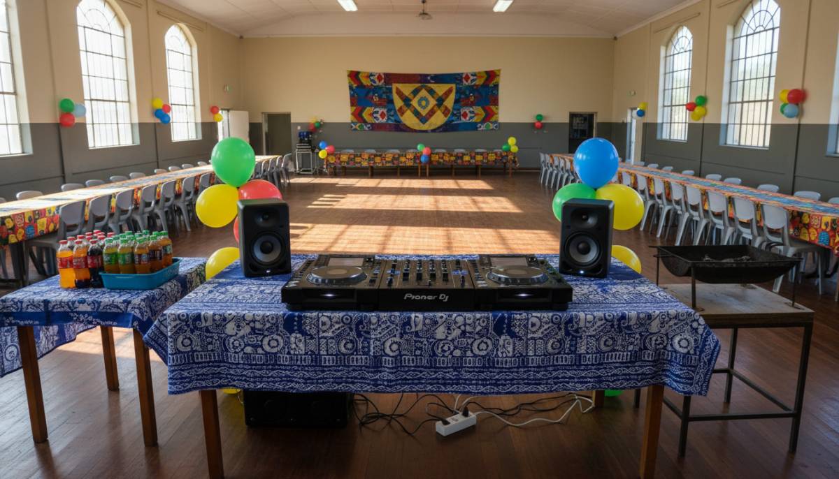 DJ controller and speakers in a school hall