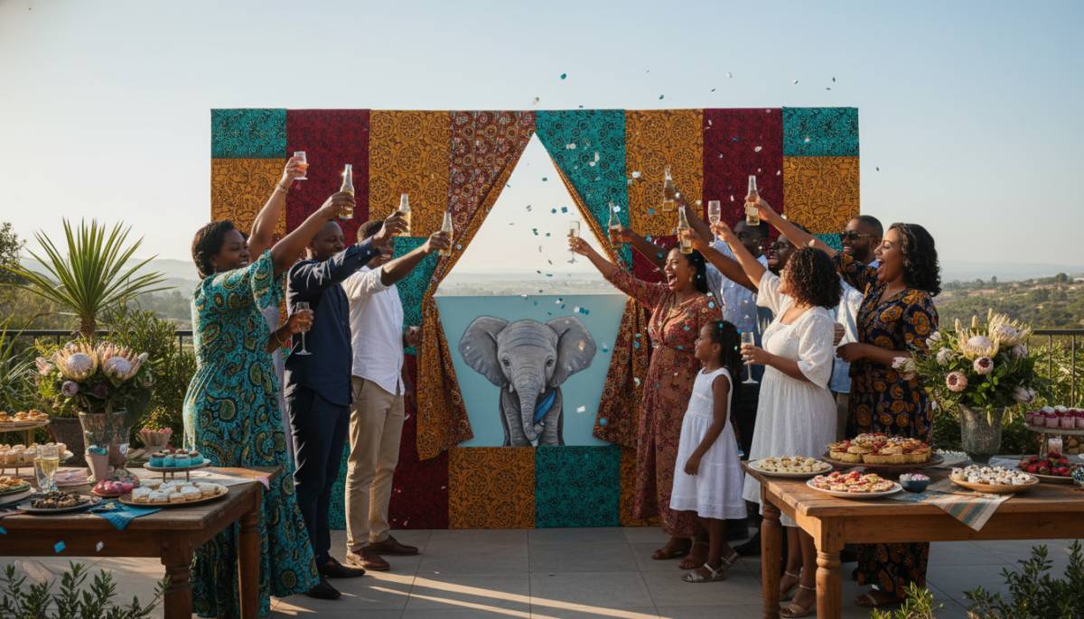 Family celebrating with drinks at a gender reveal