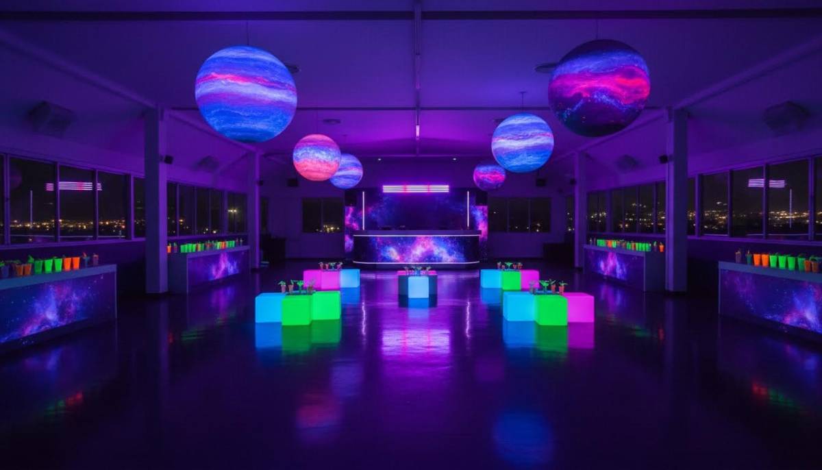A neon galaxy glow party room with UV planets and glowing seating