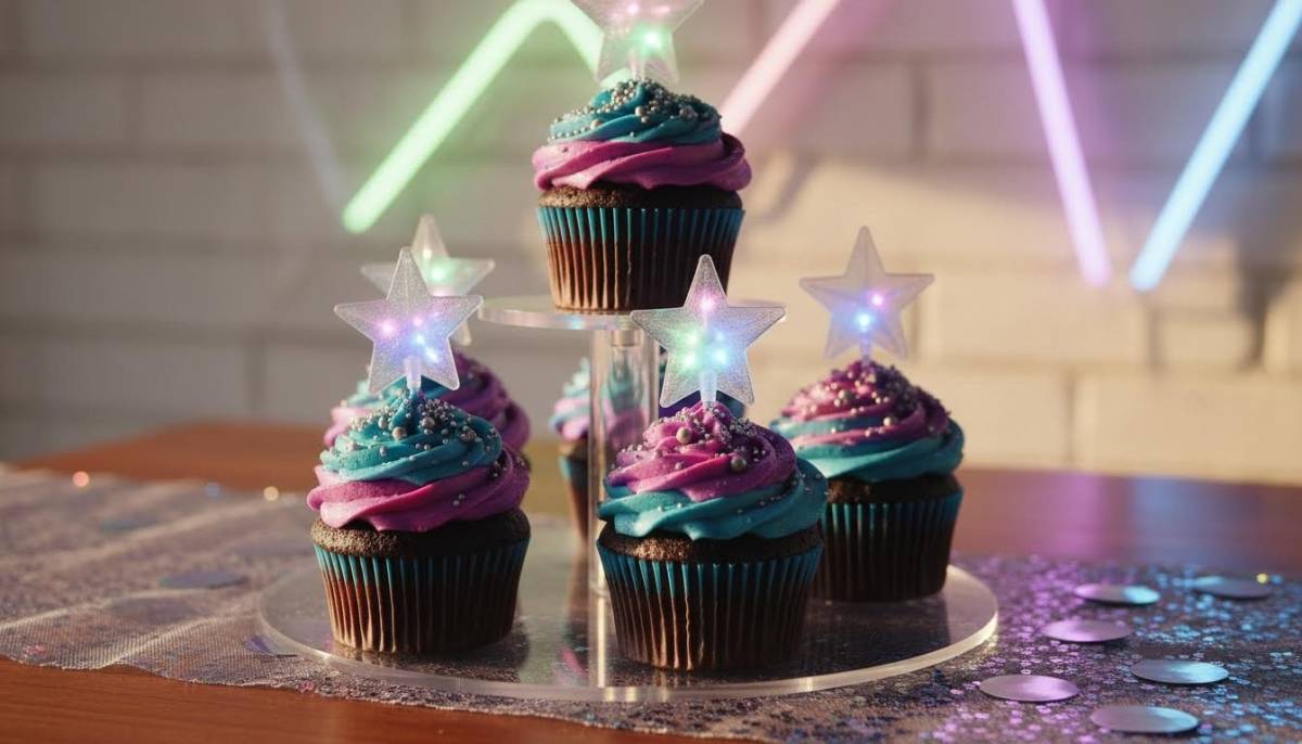 Galaxy cupcakes with neon toppers under blacklight