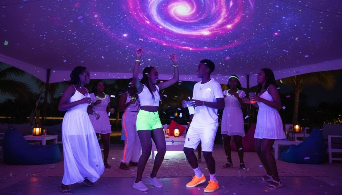 Guests glowing under purple neon galaxy party lights