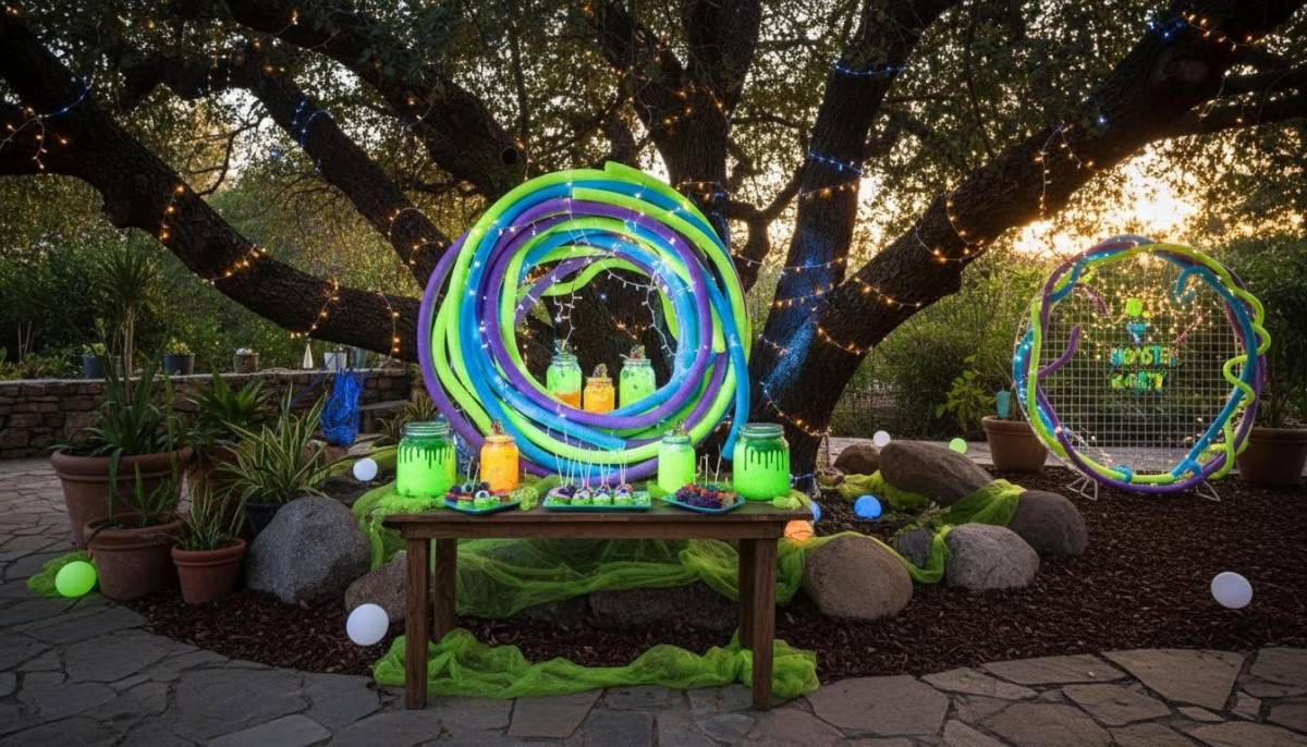 A playful glowing monster nest under a tree with UV slime jars