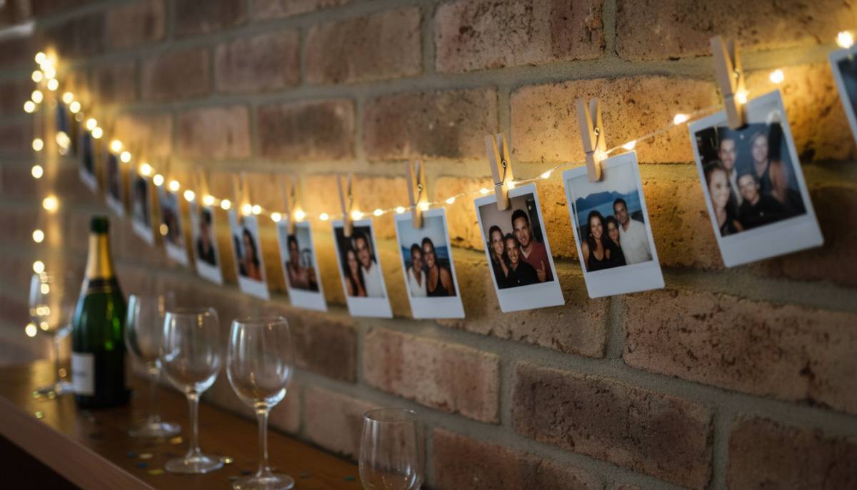 Printed farewell photos on string lights