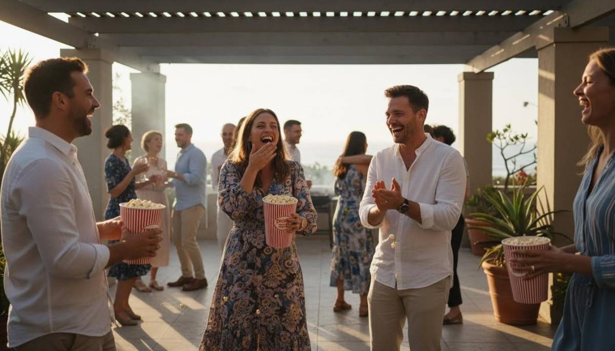 Guests eating popcorn at a farewell party
