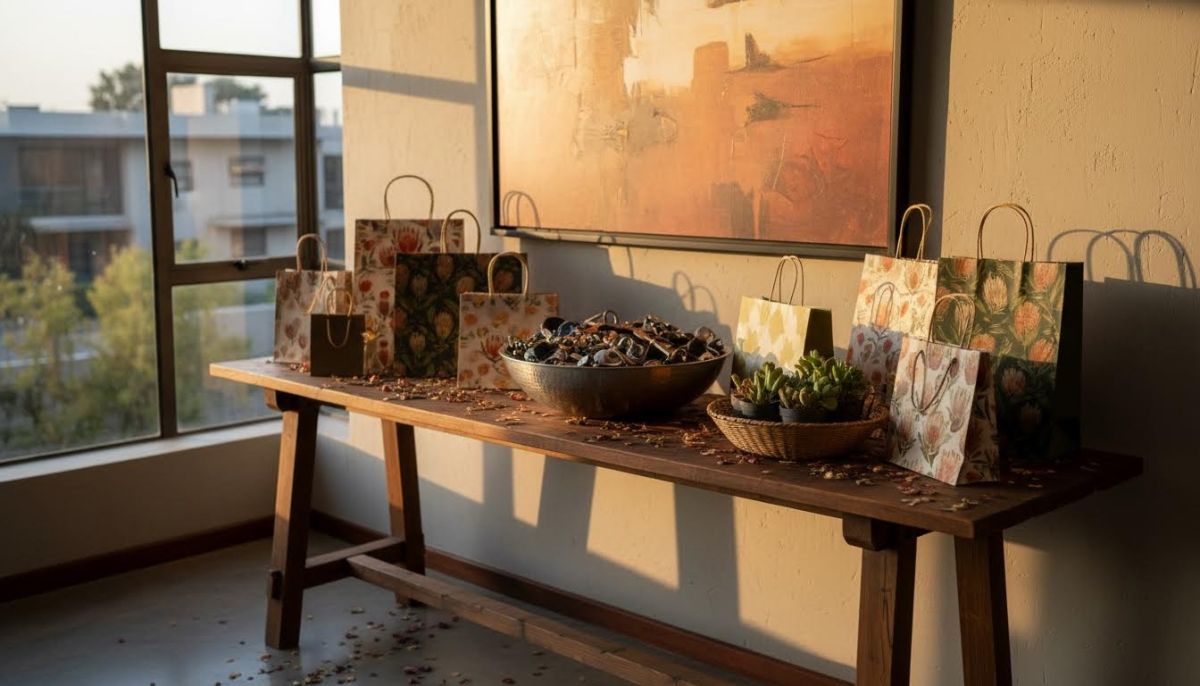 Housewarming entrance table with gifts and a keys bowl