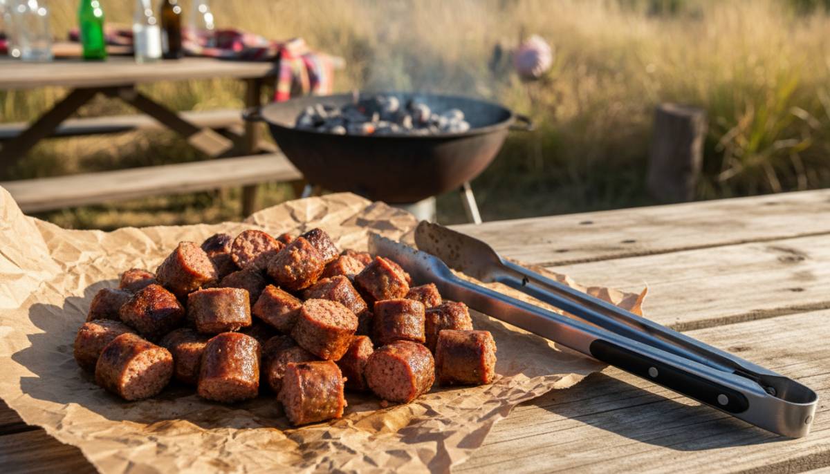Boerie bites beside braai tongs