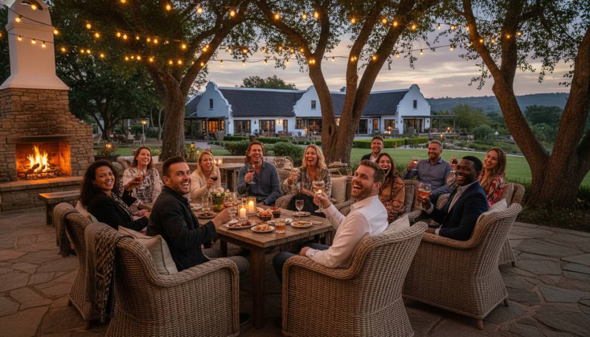 Guests laughing around patio seating