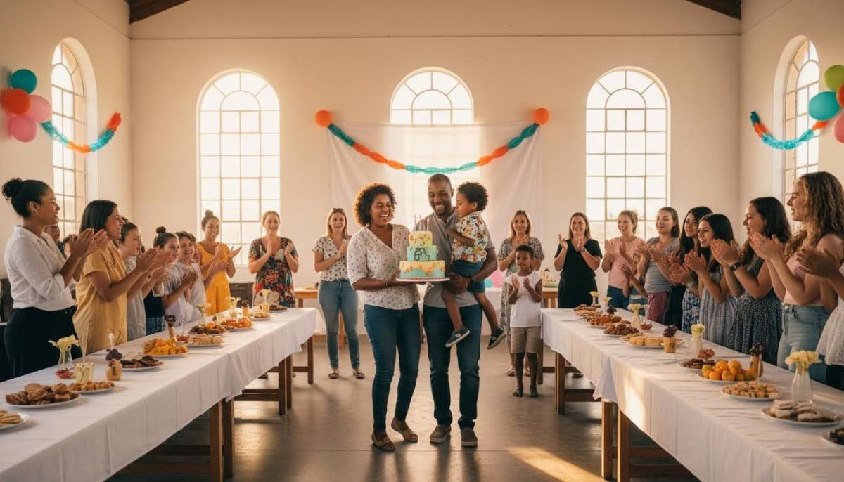 Family celebrating a preschool birthday cake moment