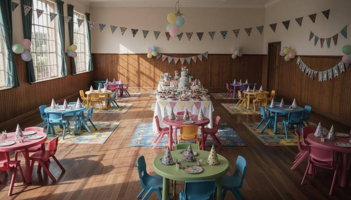 School hall set up for a preschool party