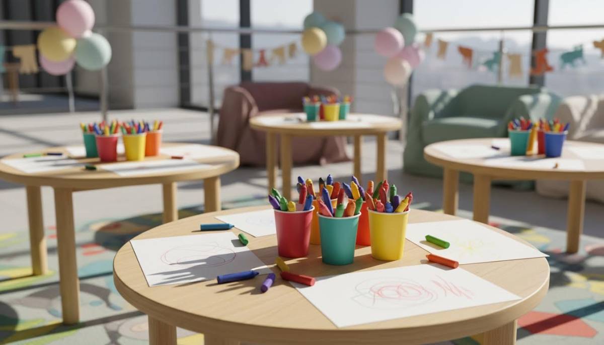 Low party tables with crayons