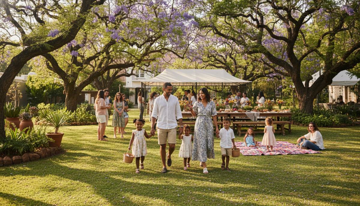 Families arriving at a shaded preschool party