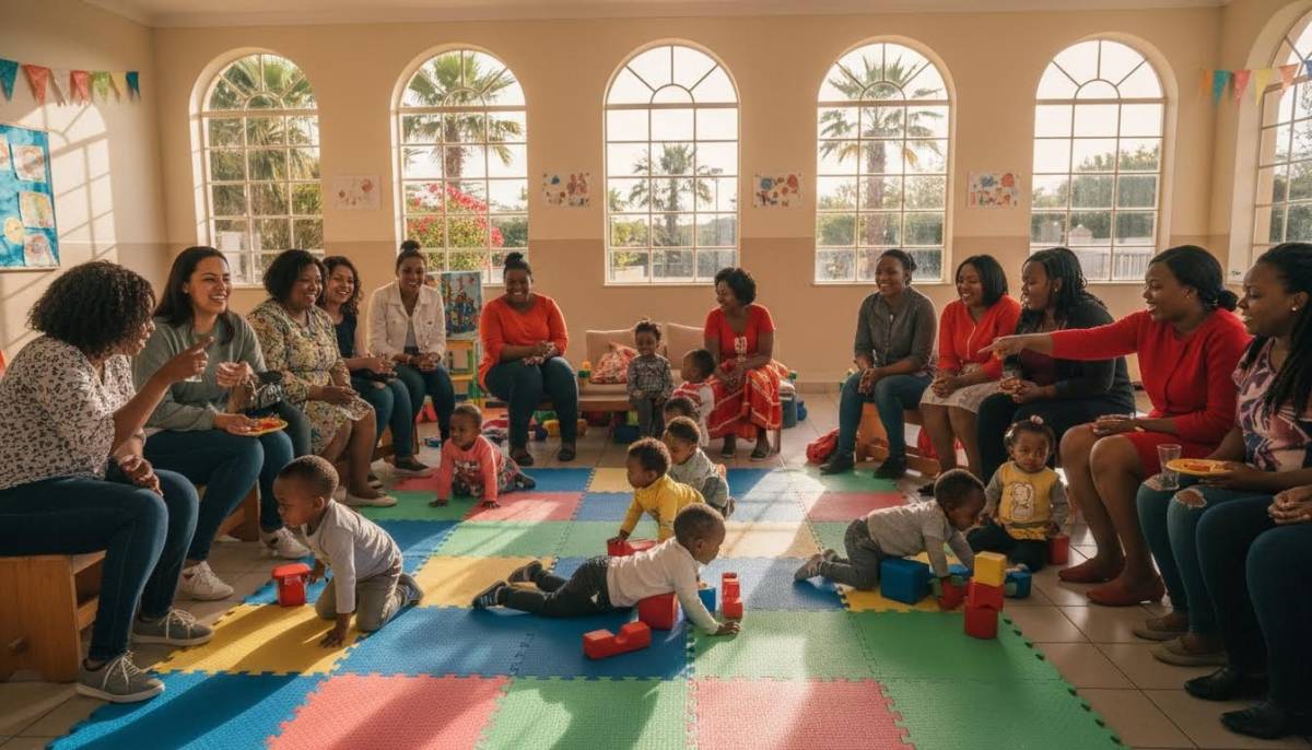 Children playing while parents watch at a preschool party