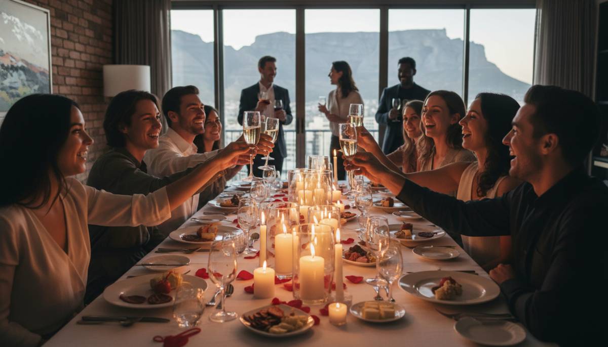 Friends raising glasses at a candlelit Valentine's table