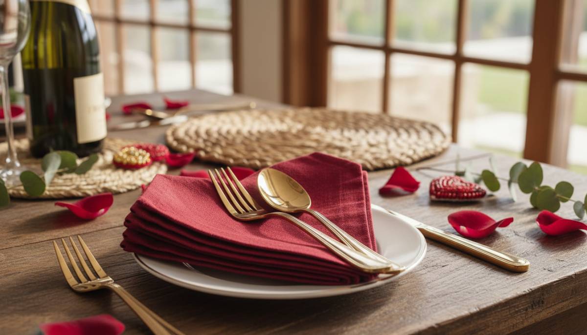 Oxblood napkins and brass cutlery