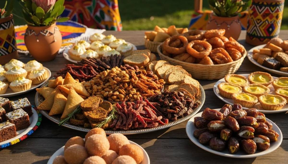 Close-up of global holiday snacks on a party table