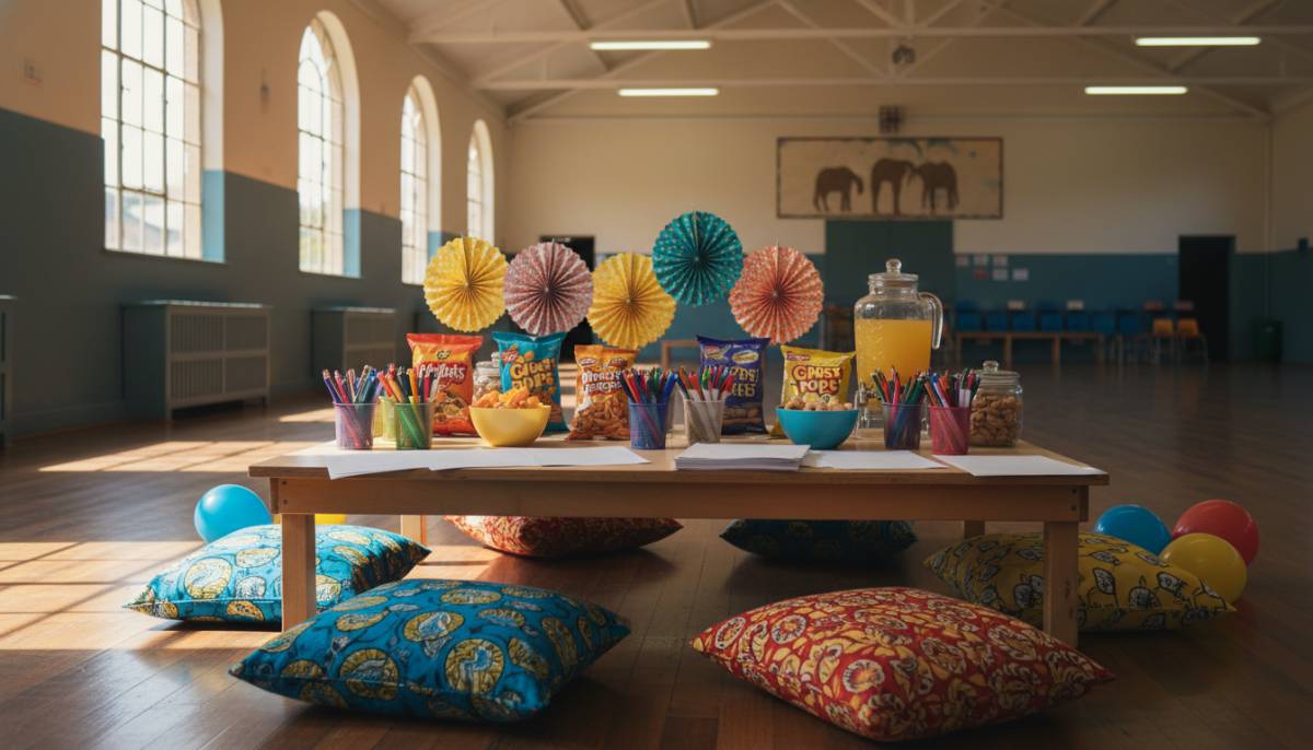 Kids activity table set up in a school hall