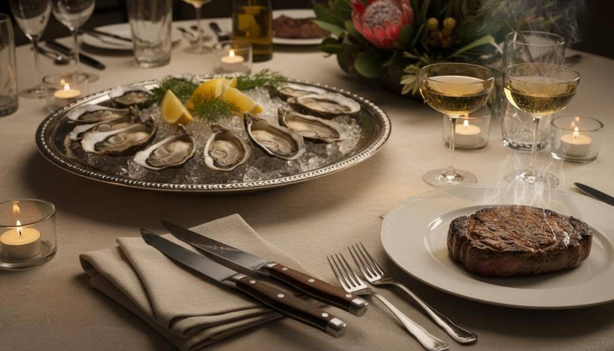 Formal dinner place setting with food and coupe glasses