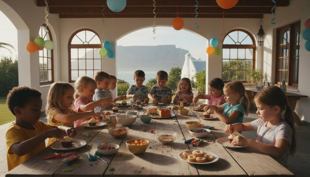 Children decorating cupcakes at a birthday table