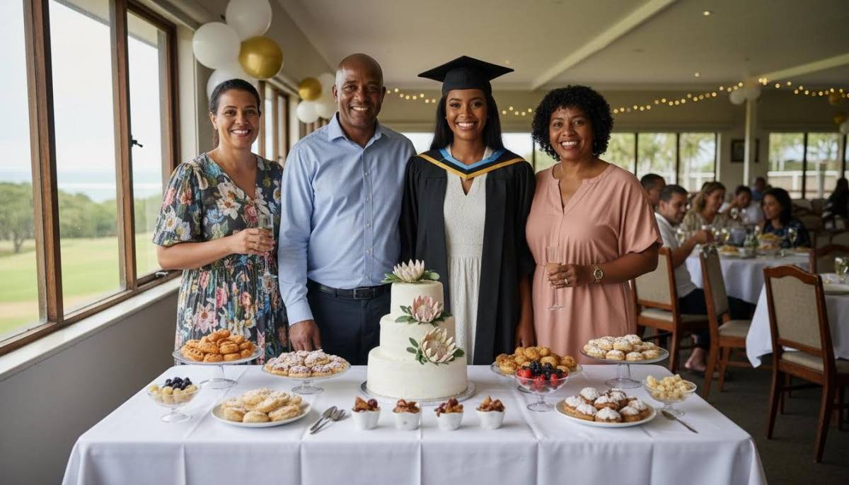 Graduate posing with family near dessert table