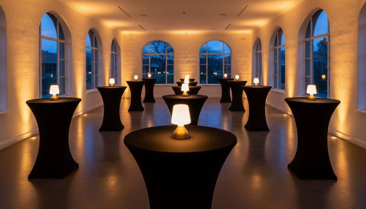 Tall cocktail tables dressed for a Bond party