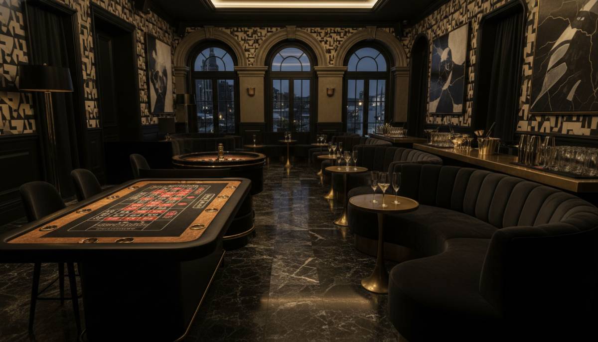 Roulette table beside cocktail lounge area