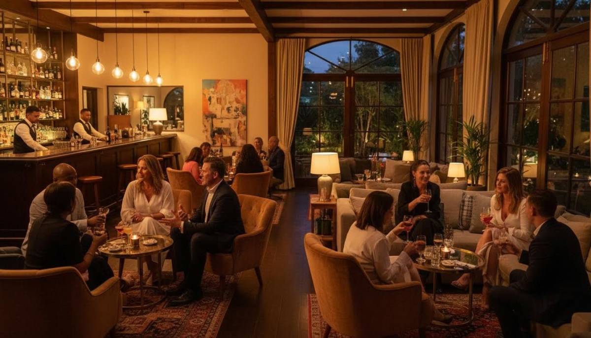 Guests chatting in a Bond style cocktail lounge