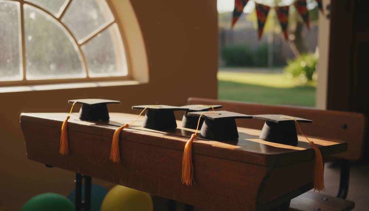 Small graduation caps on a school table