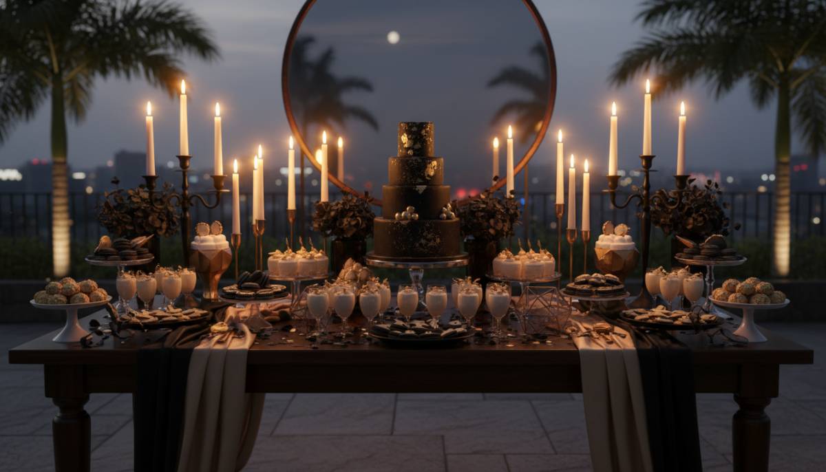 Styled black and champagne dessert table