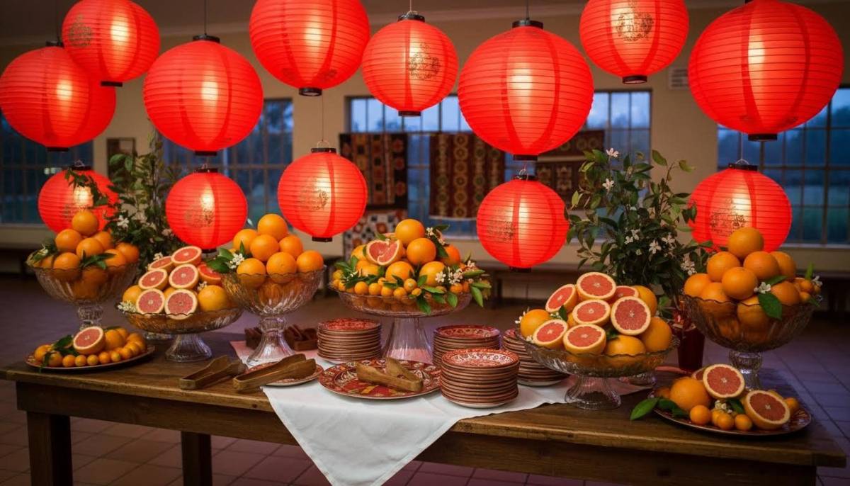 Lanterns and citrus on a buffet table