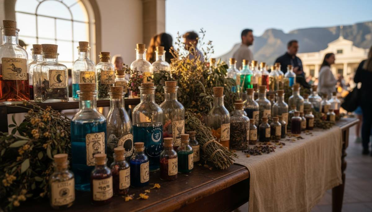 Labelled medieval-style drink bottles